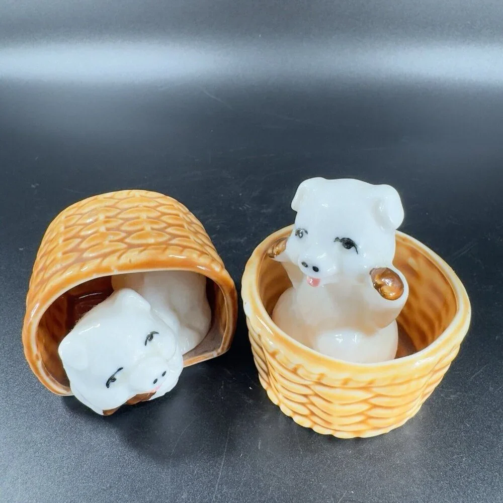 Vintage 1980s Porcelain Pings In Woven Basket Figurine‎ Set Made On Taiwan VTG